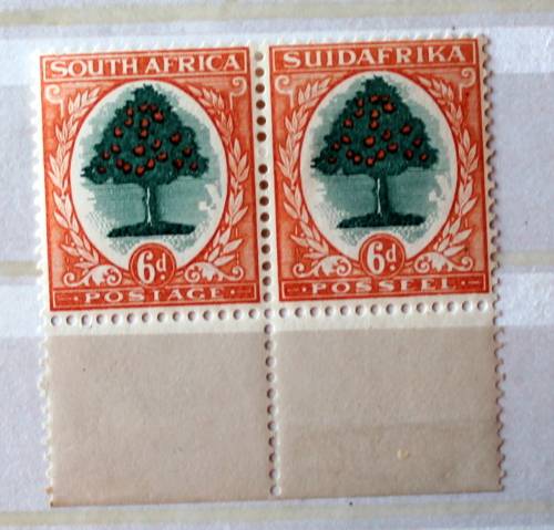 Union of SA. Pretoria Roto 6d marginal pair UM inverted watermark and missing perf