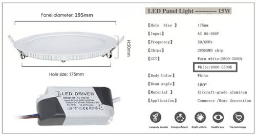 LED Ceiling Lights Round Panel Complete with Fittings plus Driver /PSU 15W 220V. Collections allowed