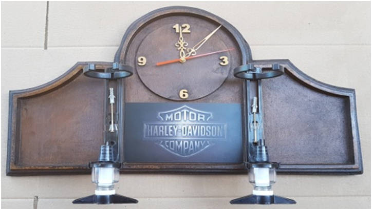 Harley Davidson Motor Cycles Liquor Dispensers with a Clock & 2 Optic Sets. Collections Are Allowed.