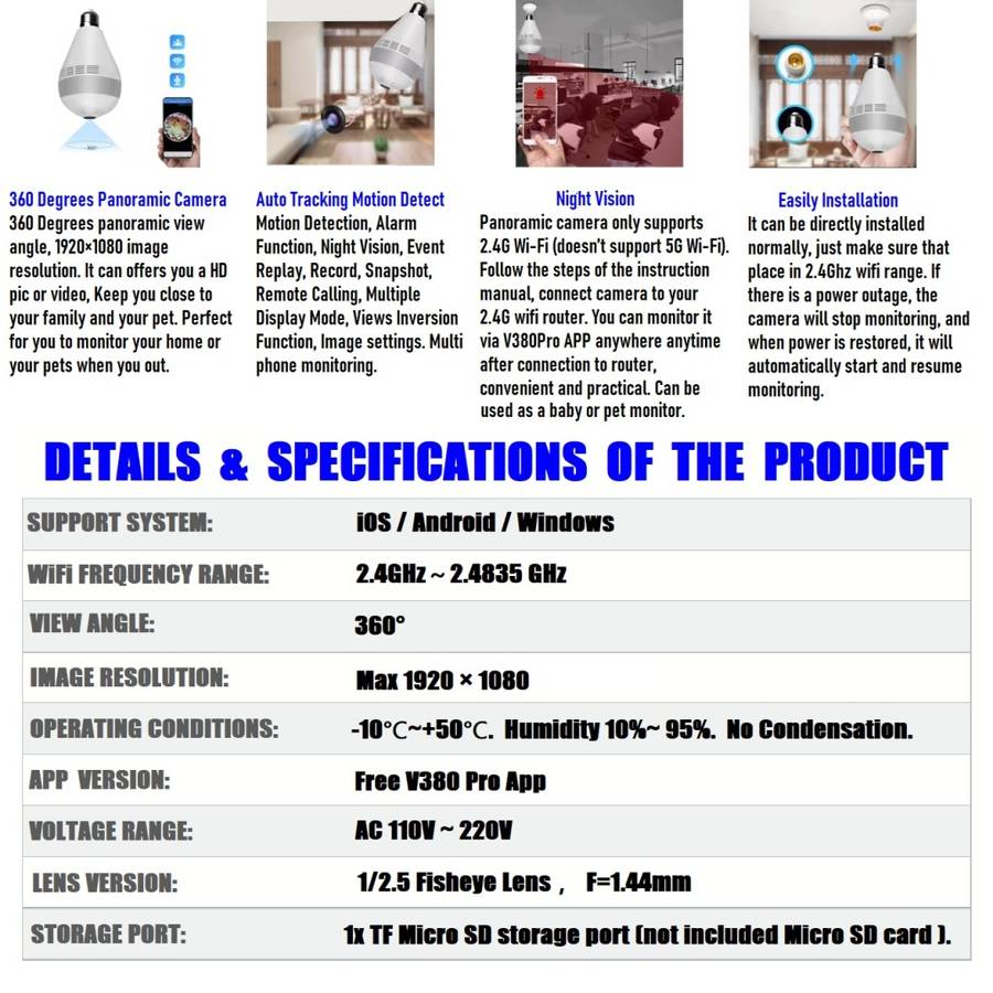 Full HD LED Bulb Mini Spy Camera 360° WiFi with 2Way Audio, Motion Sensor, Night Vision and More.