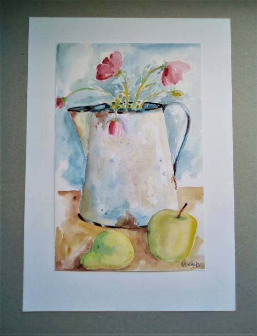 vintage enamel jug with flowers and fruit