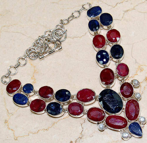 220CT ELEGANT RUBY, SAPPHIRE & PEARL NECKLACE