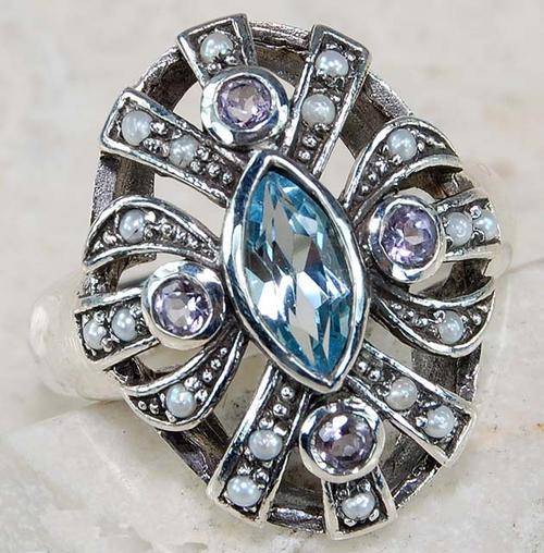 **ON PROMOTION** AQUAMARINE & AMETHYST FILIGREE RING **FREE SHIPPING**
