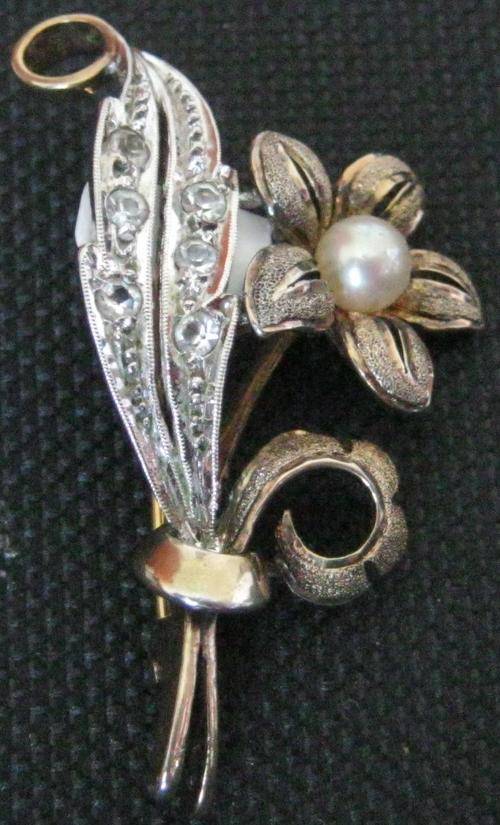 Gilded Silver 925 Leaf & Flower Vintage Brooch with Pearl
