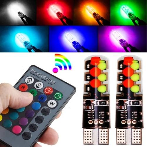 2 x T10 (W5W/194) RGB 5050 SMD Multi Color Wedge  Light Bulb - Remote Controlled Park Light