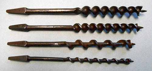 Lot of 4 vintage drill bits, various, all marked.