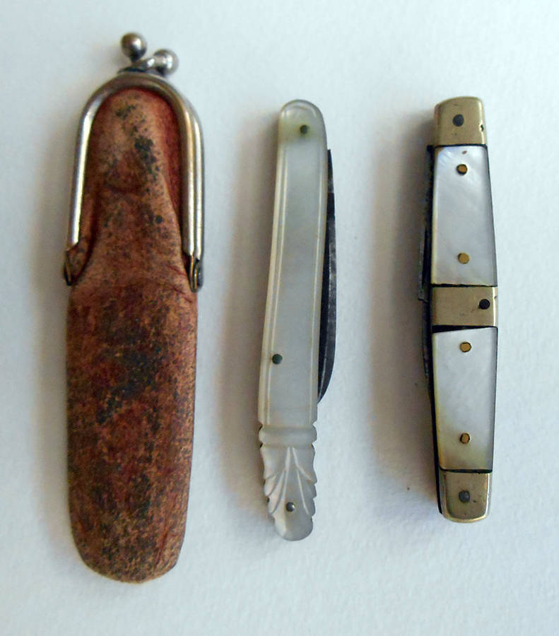 two mother of pearl pocket knives vintage antique