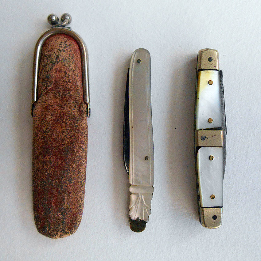 two mother of pearl pocket knives vintage antique