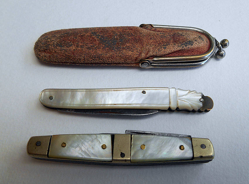 two mother of pearl pocket knives vintage antique