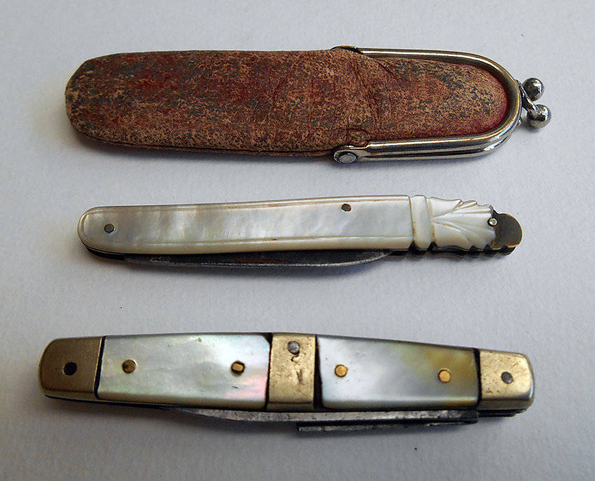 two mother of pearl pocket knives vintage antique