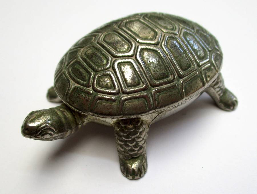 Vintage metal Tortoise shaped salt container / trinkets - hinged lid