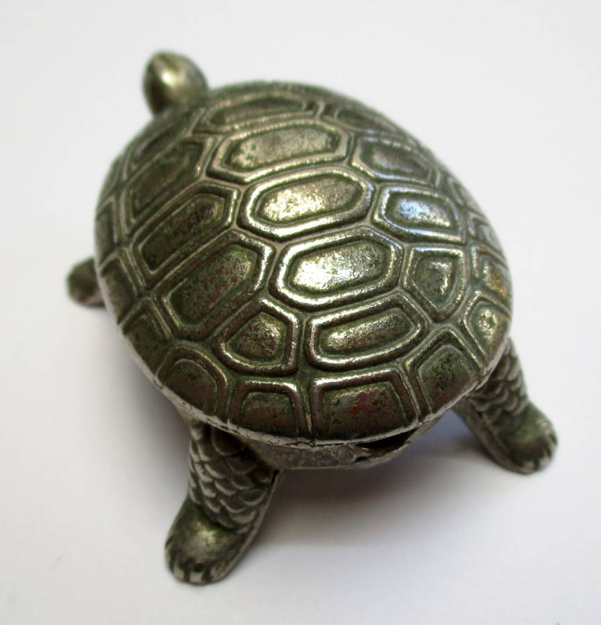 Vintage metal Tortoise shaped salt container / trinkets - hinged lid