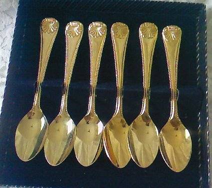 6 x EETRITE 24 CARAT GOLD PLATED TEASPOONS (SHELLEY) + 3 CAKE FORKS FREE