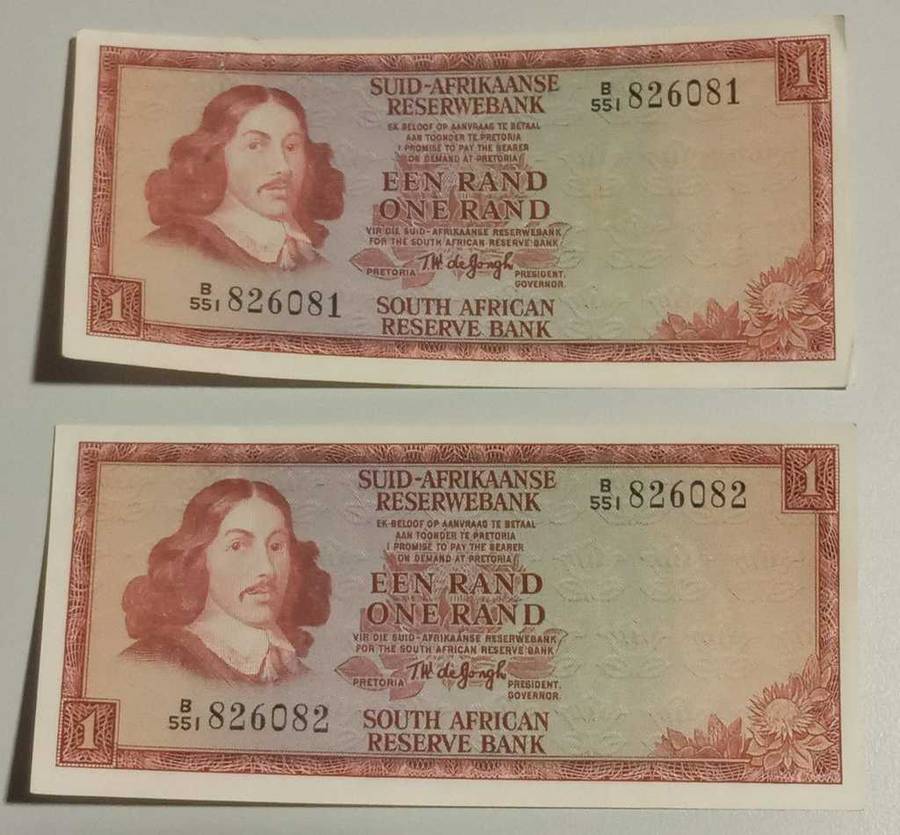 1975 Consecutive Pair Een Rand TW de Jongh Afrikaans over English