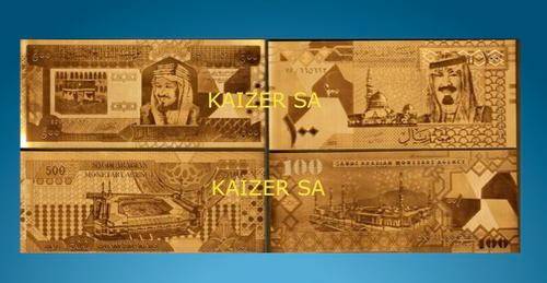 Saudi Arabia 24k Gold Notes 500 & 100 Riyals Set *Ka'aba,Mosques,Kings* *Crazy Wednesday*