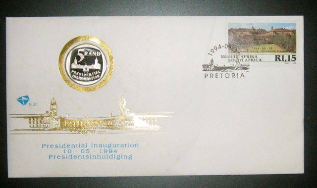 1994 MANDELA INAUGURATION FDC WITH PROOF R5 COIN-CRAZY WEDNESDAY!