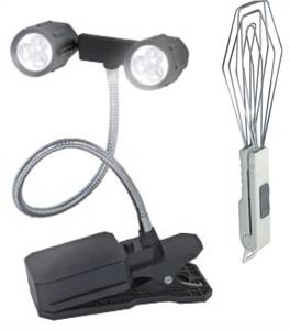 Braai clip-on LED lights with two adjustable heads and braai tongs