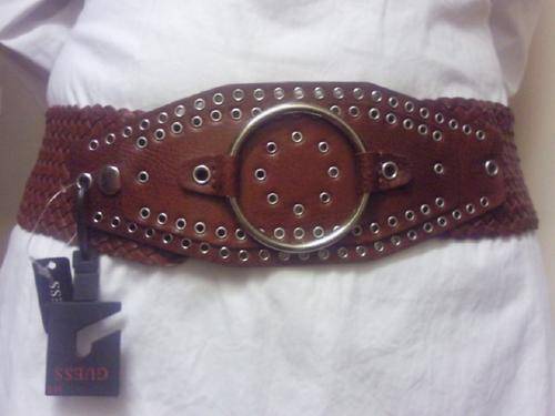 "R495" Guess 100% Genuine Leather ladies belt -Tan Thick Weave fashion with polished gold & silver
