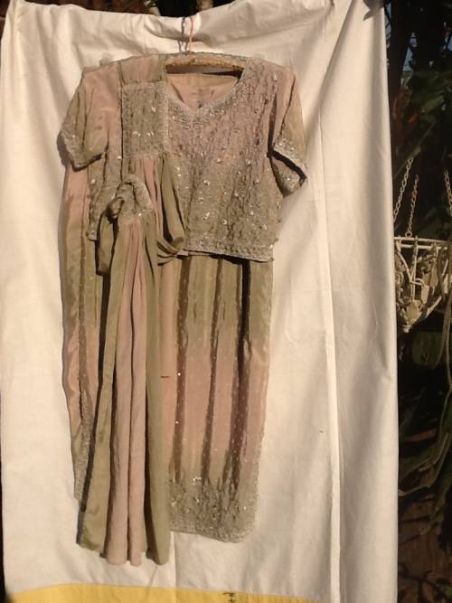 A Sari with Beading in Shades of Pink and Pale Grey/green. Size 38.