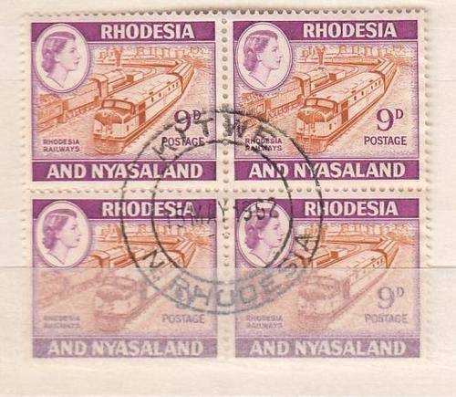 RHODESIA & NYASALAND-QEII 9d SUPERB BLOCK OF 4-DIFFICULT LATER ISSUE R270.00++