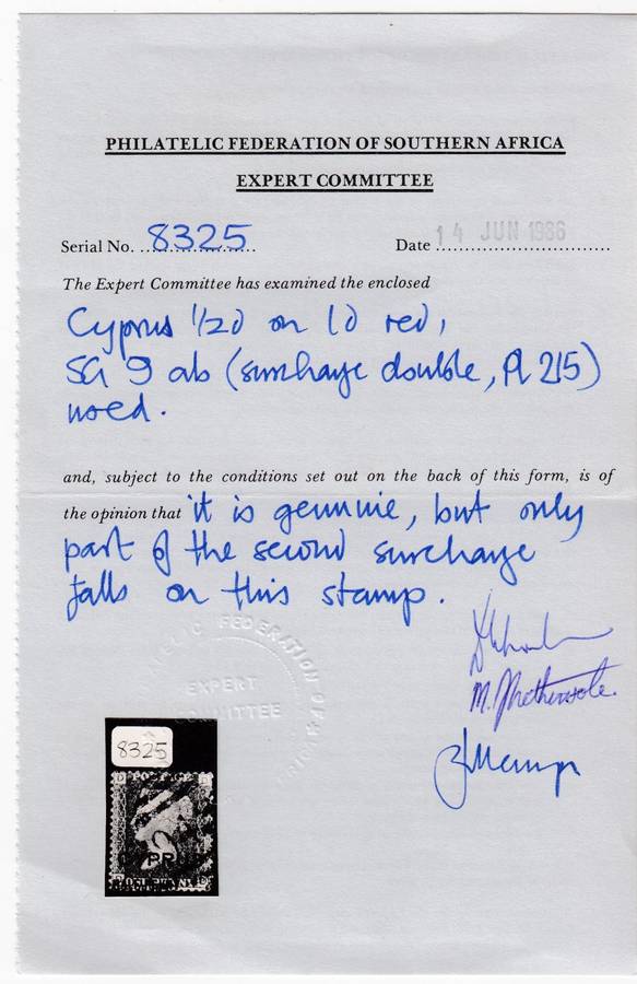 CYPRUS-VERY SCARCE SG9ab " DOUBLE SURCHARGE " WITH CERT.READ BELOW 650 POUNDS