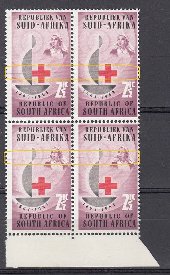 SA-SUPERB UNMOUNTED MINT 2.5c BLOCK SHOWING TWO LINE FLAWS SEE SCAN