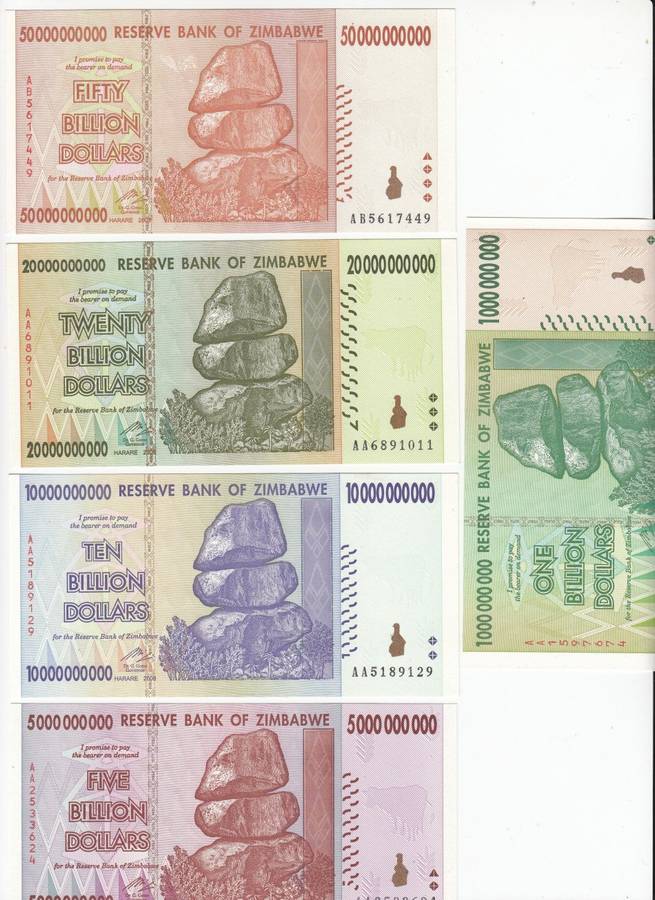 THE RARE SET OF NINE ZIM 2008 HYPER INFLATION NOTES  TO 100 TRILLION !!! ALL  " AA " NUMBERS UNC