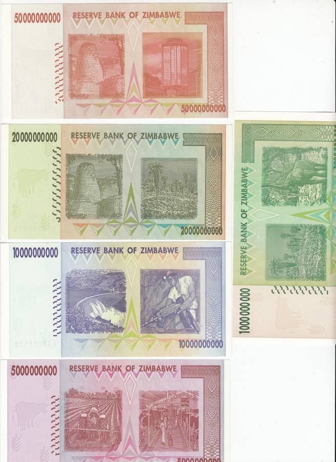 THE RARE SET OF NINE ZIM 2008 HYPER INFLATION NOTES  TO 100 TRILLION !!! ALL  " AA " NUMBERS UNC