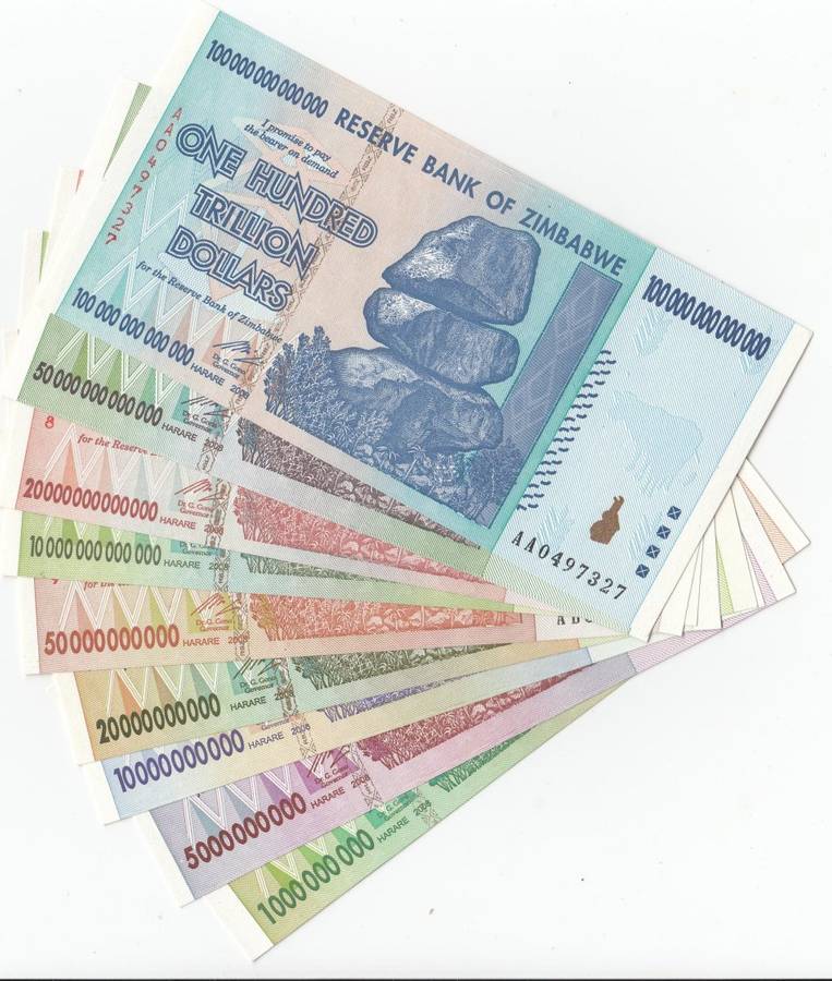 THE RARE SET OF NINE ZIM 2008 HYPER INFLATION NOTES  TO 100 TRILLION !!! ALL  " AA " NUMBERS UNC