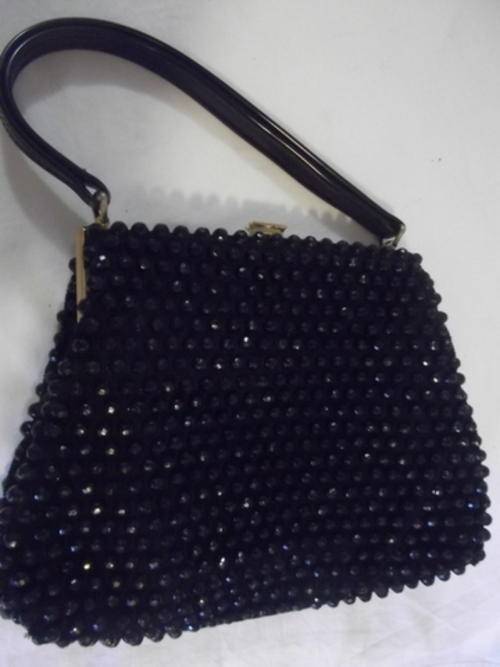 SO LOOVERLY - BLACK BEADED EVENING BAG WITH A PATENT LEATHER HANDLE - LINED WITH RED WATERMARKED SAT