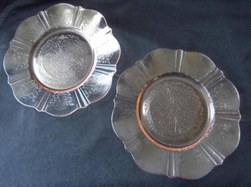 TWO LATE VICTORIAN PRESSED GLASS SIDE PLATED - SCOLLOPED AND LIGHT PINK
