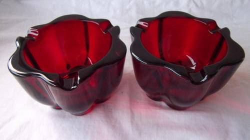 TWO STUNNING BIG RUBY RED GLASS ASHTRAYS