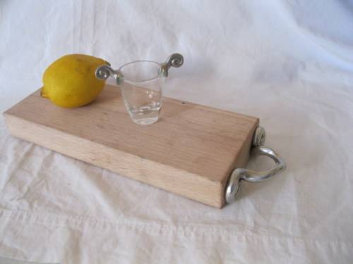 CARROL BOYES WOOD AND PEWTER CHOPPING BOARD AND TOT GLASS - TEQUILA TIME!