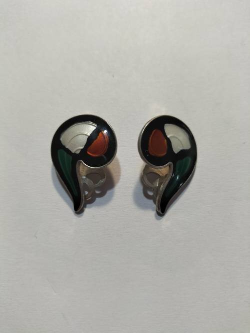 Enameled Mid Century Hallmarked Norway sterling silver clip on earrings