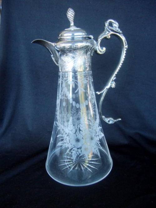 ANOTHER LOVELY SILVER PLATED AND ETCHED GLASS CLARET    OVER 100 YEARS OLD