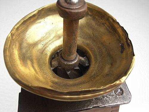 Antique original coffee mill, grinder, wood and brass