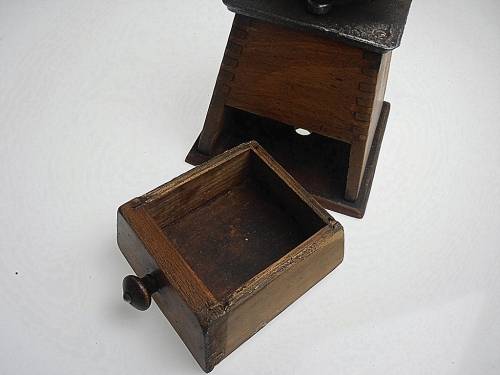 Antique original coffee mill, grinder, wood and brass