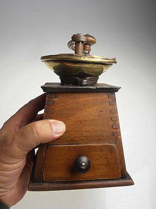Antique original coffee mill, grinder, wood and brass