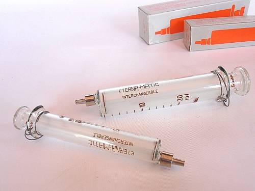 Two Swiss Sanitex Eterna-Matic glass syringes, new in original boxes, 10 ml & 20 ml, Switzerland
