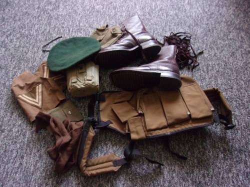 SADF boots, water bottle, beret and other equipment