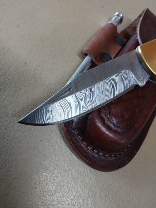 Handmade Damascus Steel Folding Knife with sharpner