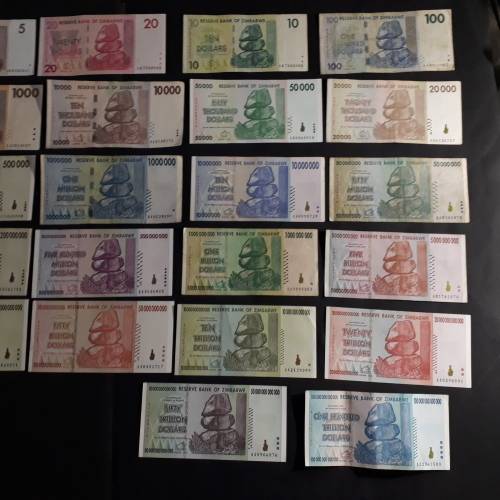Complete of Zimbabwe dollar notes series 1,2,3,4,5 from first issue to 2009