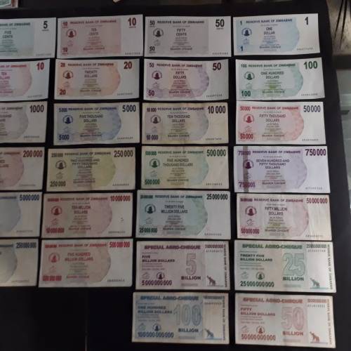 Complete set of Zimbabwe dollar notes series 1,2,3,4,5 from first issue to 2009