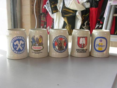 5 Minature stoneware German Beer mugs - From England. Very rare