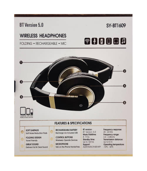 Bluetooth 5.0 Wireless Headphones - BT1609 - Gold