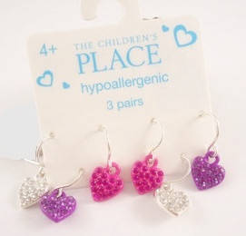 ***True Grace Accessories*** 3 Pairs Multi-Color Rhinestone Heart Dangle Earrings