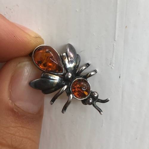 Small Vintage Silver Amber Bug Brooch