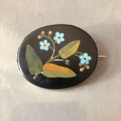 Pietra Dura Oval Forget Me Not Antique Silver Brooch