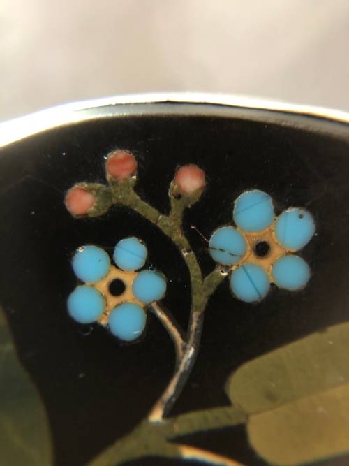Pietra Dura Oval Forget Me Not Antique Silver Brooch