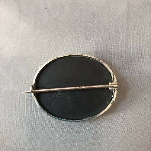 Pietra Dura Oval Forget Me Not Antique Silver Brooch